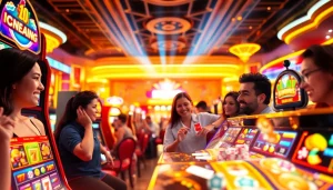 Menampilkan pemain yang bersemangat di Istana777 dengan mesin slot yang menarik dan suasana kasino yang meriah