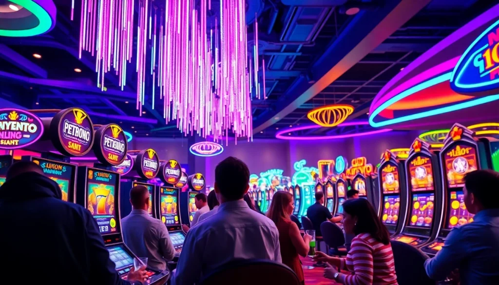 Menangkan hadiah dalam petanitoto dengan mesin slot neon menyala dan pemain antusias.