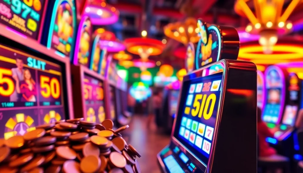 Slot bet 50 pada mesin slot yang bersinar, menarik perhatian dengan lempengan koin di sekelilingnya.