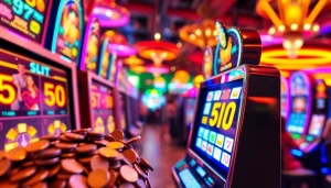 Slot bet 50 pada mesin slot yang bersinar, menarik perhatian dengan lempengan koin di sekelilingnya.