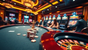 Engaging scene of MM88 casino with poker chips and roulette wheel showcasing thrilling gameplay.