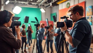 Showcasing a Creative Video Production Agency in action with vibrant equipment and professionals.