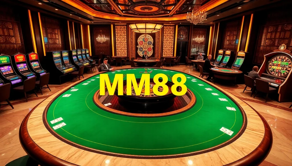 MM88 casino scene with elegant poker tables, vibrant slot machines, and roulette wheel capturing excitement.