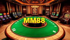 MM88 casino scene with elegant poker tables, vibrant slot machines, and roulette wheel capturing excitement.