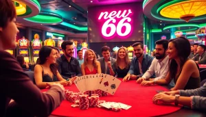 Winning poker chips and vibrant slot machines at new 66 casino, showcasing excitement and luxury.