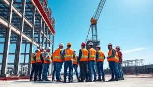Team performing structural steel installation on a construction site, showcasing teamwork and engineering expertise.