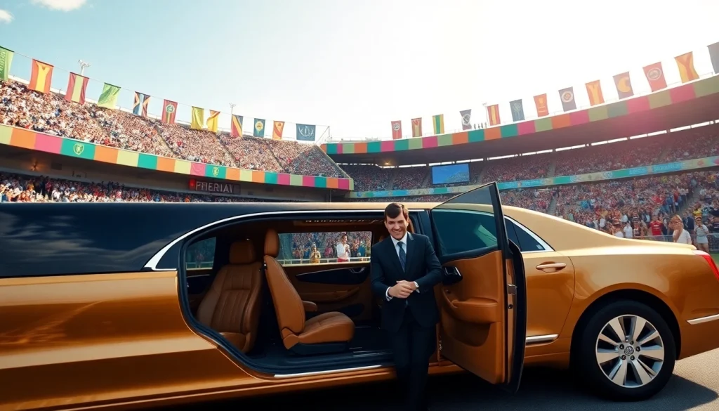World Cup Group Transportation: Luxurious limousine waiting for fans outside stadium during the World Cup event.