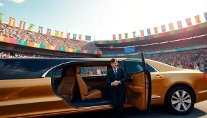 World Cup Group Transportation: Luxurious limousine waiting for fans outside stadium during the World Cup event.