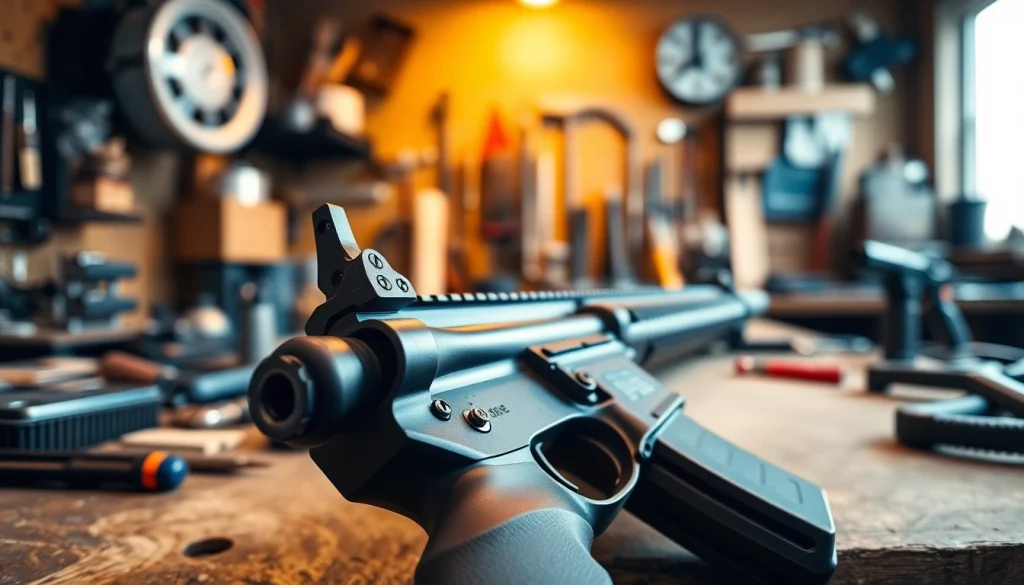 Showcasing the super safety trigger AR15 crafted with precision on a workbench with tools.