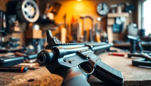 Showcasing the super safety trigger AR15 crafted with precision on a workbench with tools.