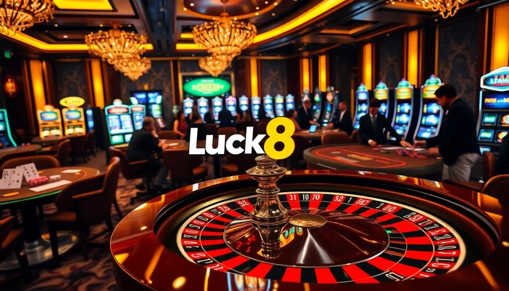 Luck8 players celebrating a win at a luxurious casino table filled with chips and cards.