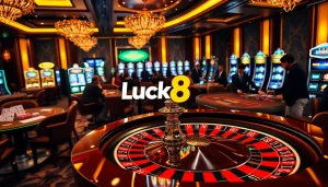 Luck8 players celebrating a win at a luxurious casino table filled with chips and cards.