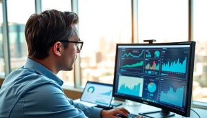 Analyze competitive intelligence data in a modern workspace with vibrant city views.