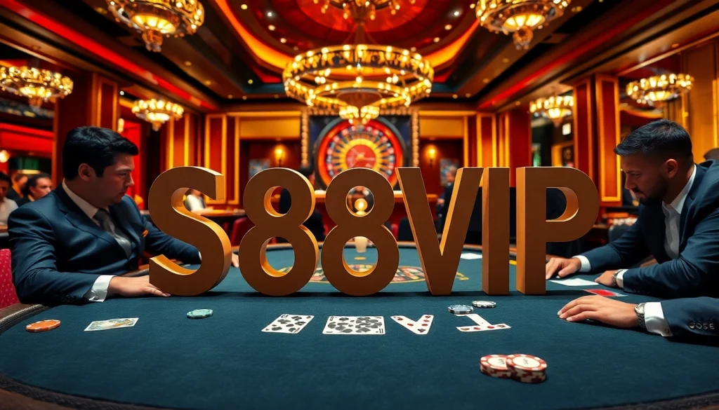Players enjoying a tense poker game at S88VIP casino, showcasing rich decor and poker elements.