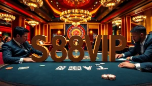 Players enjoying a tense poker game at S88VIP casino, showcasing rich decor and poker elements.
