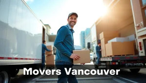 Efficient movers Vancouver loading furniture into a truck in a sunny urban setting.