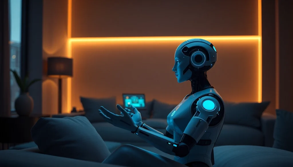 Intimate scene showcasing a futuristic AI companion in a cozy, modern setting, emphasizing the concept of ai sex.
