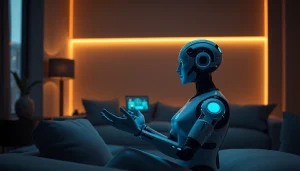 Intimate scene showcasing a futuristic AI companion in a cozy, modern setting, emphasizing the concept of ai sex.