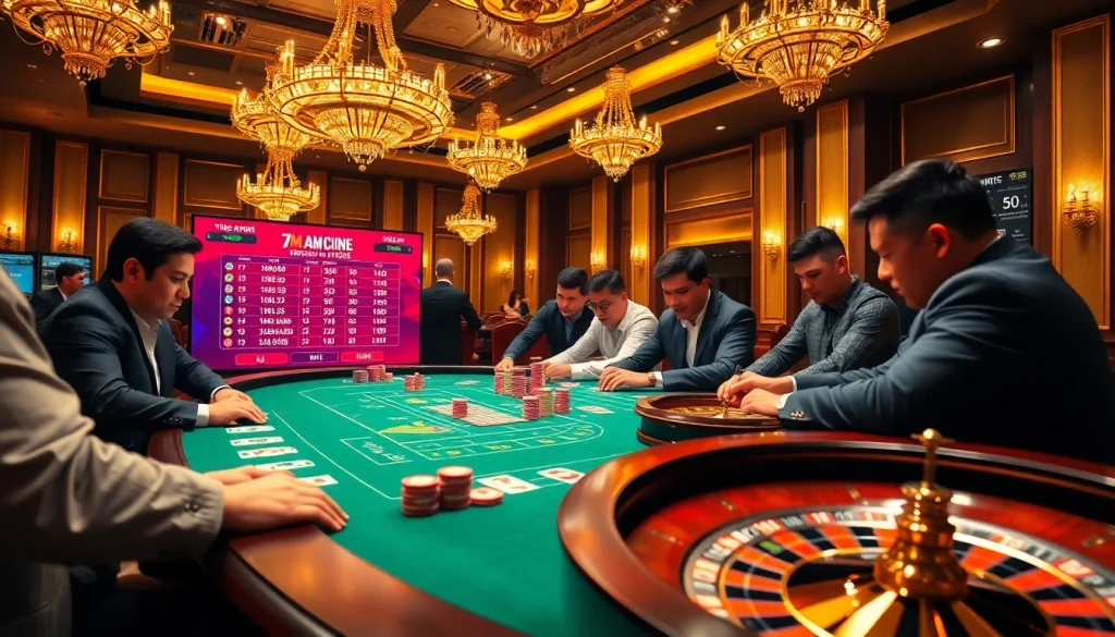 A poker game in progress showcasing 7m.cn betting odds, with players focused on winning strategies.