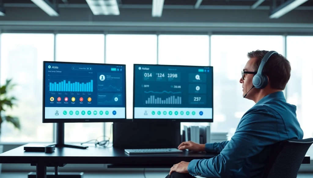 Engaging auto dialer interface with a focused representative in a bright office setting.