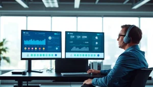 Engaging auto dialer interface with a focused representative in a bright office setting.