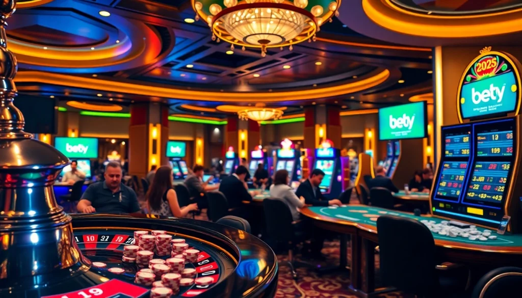 Bầu không khí casino sôi động của Bet VIP với người chơi tại bàn roulette và máy đánh bạc