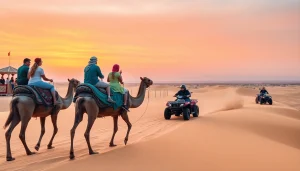 Marrakech camel ride and quad biking adventure at sunset in the Agafay Desert, showcasing vibrant landscapes and cultural elements.