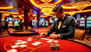 Engaged player at XX88 baccarat table contemplating a strategic bet amidst vibrant casino atmosphere.