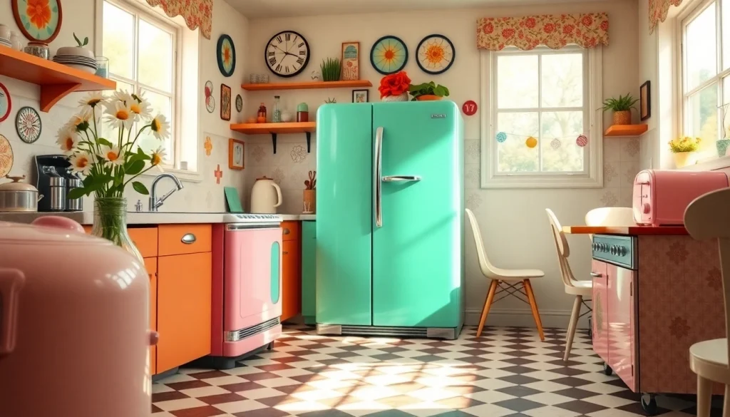 Bright mint green retro appliances feature prominently in a vintage-inspired kitchen setting.