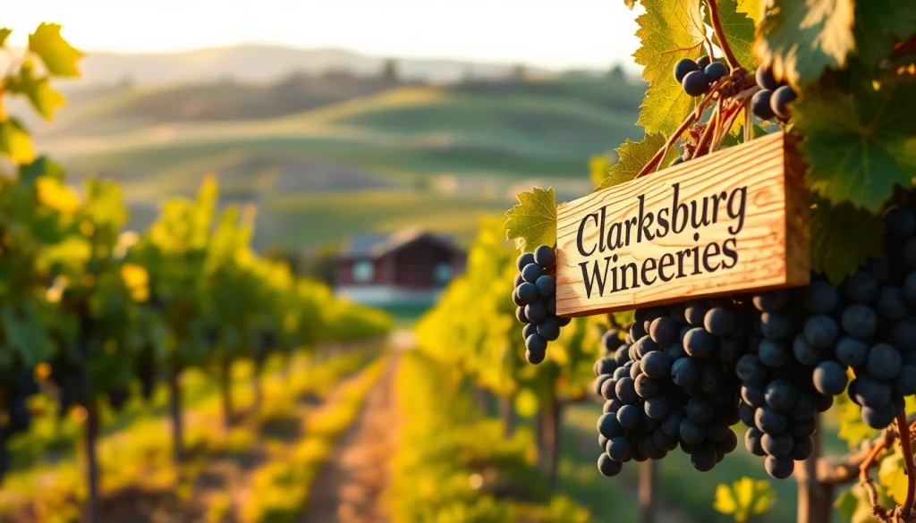Experience the beauty of clarksburg wineries with lush vineyards and ripe grapes under warm sunlight.