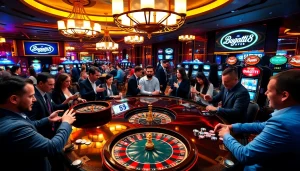 Experience the excitement of Bugatti8 with players celebrating wins at a luxurious casino table.