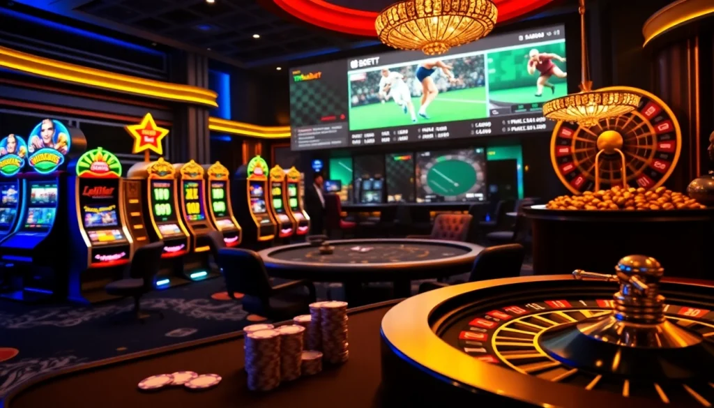 Thrilling gambling scene featuring Thabet's lively poker table and vibrant slot machines.