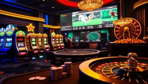 Thrilling gambling scene featuring Thabet's lively poker table and vibrant slot machines.