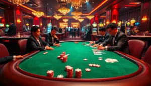 Play poker at Nhà Cái Uy Tín's luxurious casino with vibrant chips and cards.