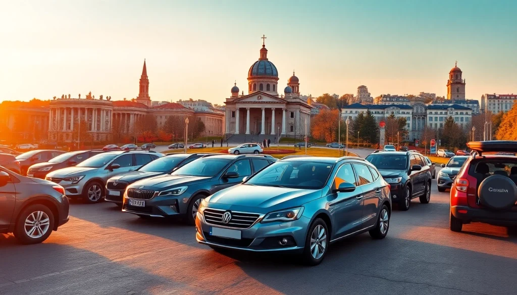 Rent a car Chisinau with a stunning view of the cityscape during golden hour, showcasing varied vehicles.