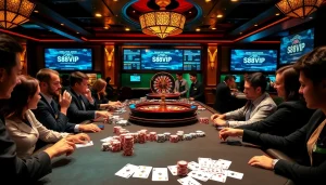 S88VIP casino scene with gamblers enjoying poker and roulette in a luxurious setting.