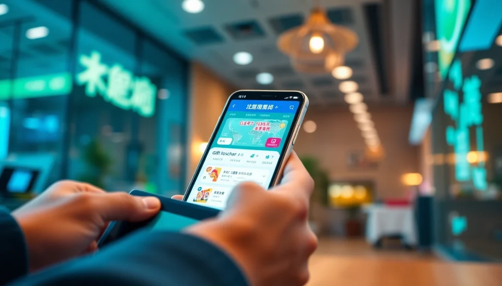 상품권소액결제를 시각적으로 표현한 이미지로, 모바일 기기에 기프티켓 및 결제 옵션이 표시됩니다.