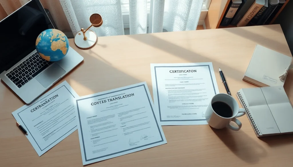 Sworn translation services workspace with legal documents and bilingual dictionaries.