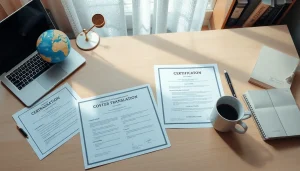 Sworn translation services workspace with legal documents and bilingual dictionaries.