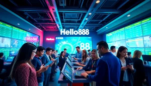 Hello88 users engaging with a modern online betting platform, showcasing a vibrant and high-tech atmosphere.