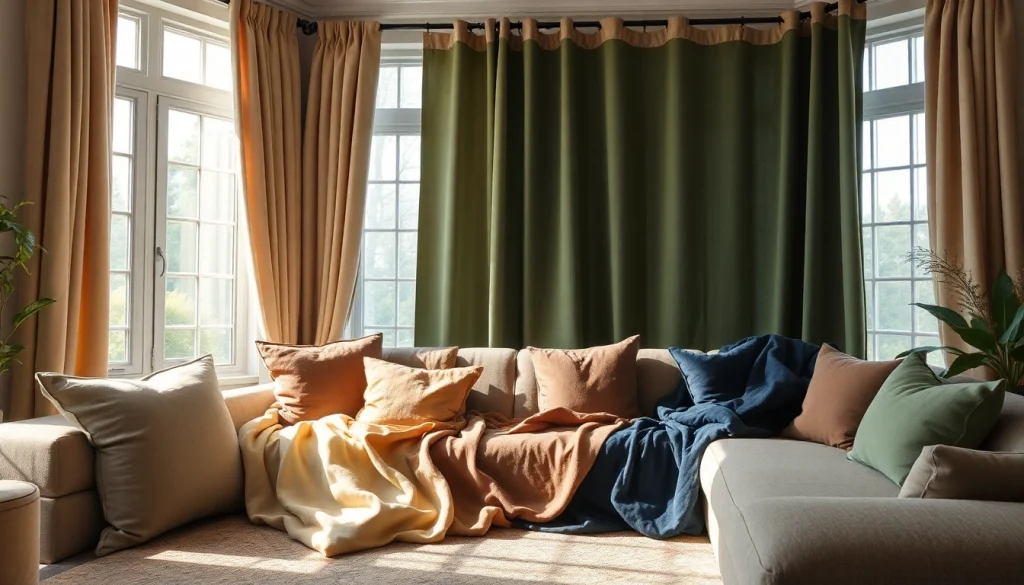 Verken hoogwaardige gordijnstof in verschillende texturen en kleuren in een sfeervolle woonkamer.