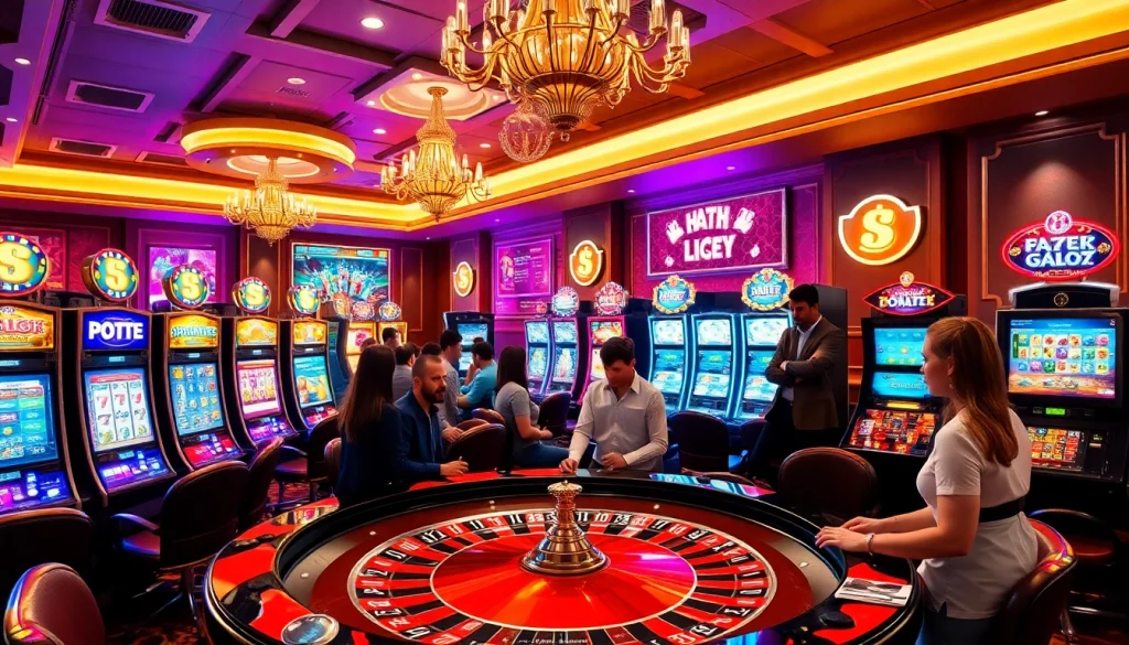 Rasakan momen permainan yang mendebarkan di obraltoto dengan mesin slot berwarna-warni dan pemain yang energik dalam suasana kasino mewah.