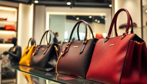 명품 이미테이션 고급 핸드백을 세련된 부티크에 진열한 모습