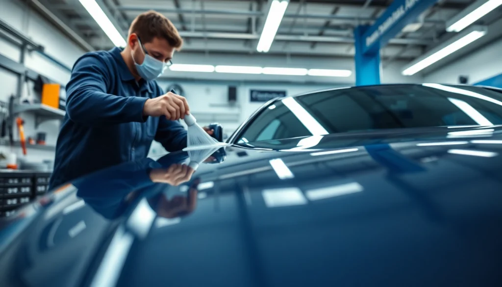 Ceramic coating Chattanooga applied to a vehicle by a professional in a modern garage.