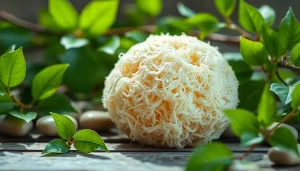 Raw loofah sponge displayed on wood with natural elements, emphasizing its organic texture.
