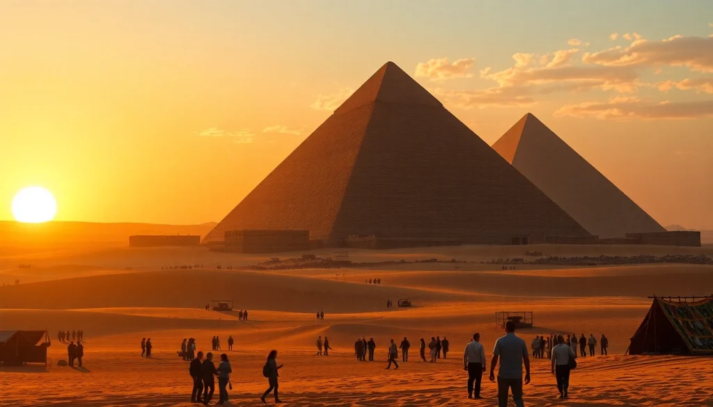 View of piraminds surrounded by visitors and a desert landscape at sunset.