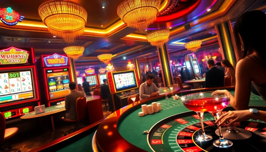 Players enjoying the Mahjong Ways 2 slot machine in a lively casino setting filled with excitement and luxury.