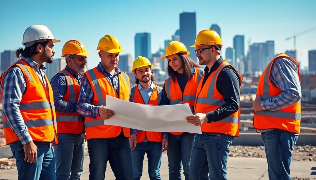 Construction association Denver workers collaborating on a blueprint at a vibrant Denver construction site.