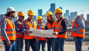 Construction association Denver workers collaborating on a blueprint at a vibrant Denver construction site.