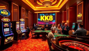 Gamblers enjoying high-stakes action at MK8 casino tables with vibrant decor.